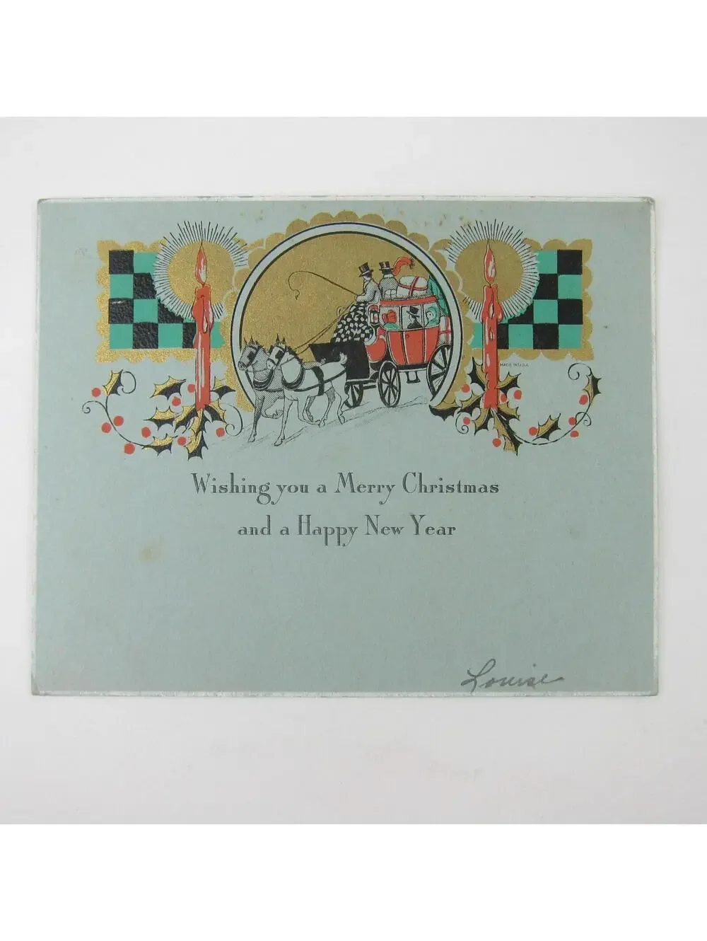 Antique Christmas Card Art Deco Carriage Horses Red Candles Holly Berries Gold